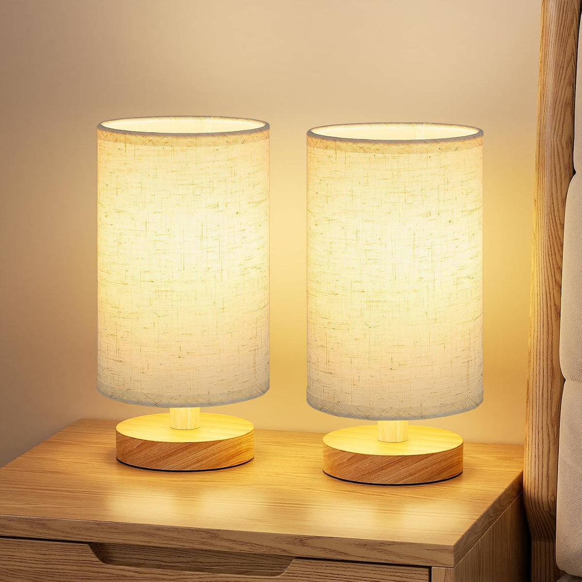Fenmzee 8.5" Small Table Lamps Set of 2 - Light Beige Shade & Wood Base