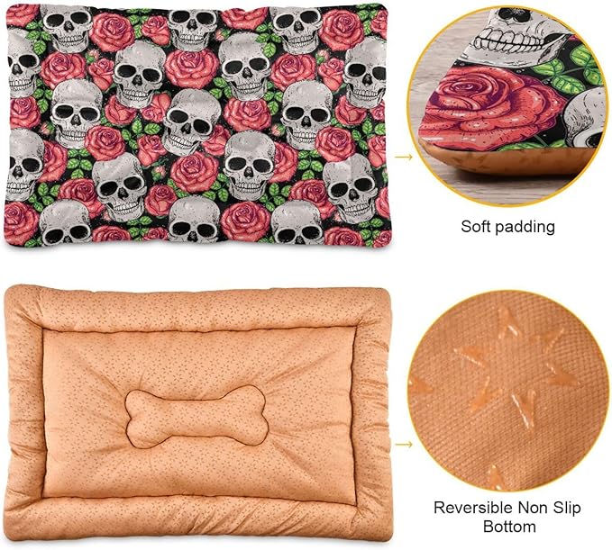 Gothic Skull Roses Pet Bed Cute Dog Bed Mat Absorbing Non Slip Pad Pet Sleeping Mat for Small, Medium, and Large Dogs Puppy Cat 24 in x 18 in