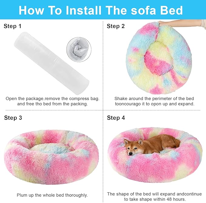 Dog Calming Beds for Small Medium Large Dogs - Round Donut Washable Puppy Dog Bed, Anti-Slip Faux Fur Fluffy Donut Cuddle Anxiety Cat Pet Bed(16'' Color)