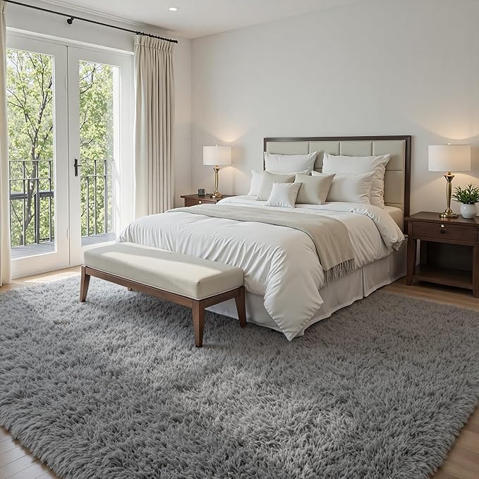 5x7 Area Rugs for Living Room Rug: Soft Fluffy Shag Light Gray Rugs for Bedroom