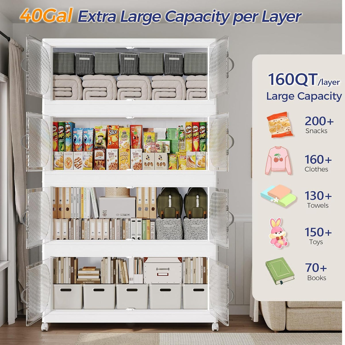 200Gal/800QT 5-Tiers Extra Large Stackable Storage Bins with Lid, Collapsible Cabinet Closet Organizer Plastic Container Box with Wheels Doors Drawers for Living Room Kitchen Office, White