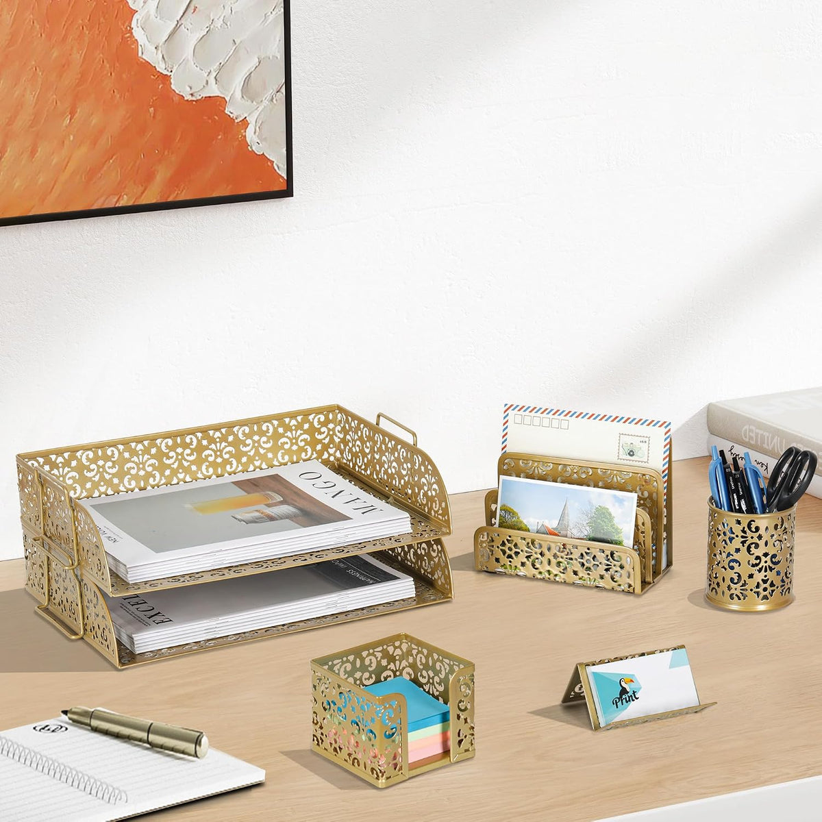 EasyPAG Desk Organizers and Accessories 5 Pieces Office Supplies Set - 2 Tier Paper Tray, Pencil Organizer for Desk, Mail Sorter Countertop, Business Card Holder and Sticky Note Holder, Gold