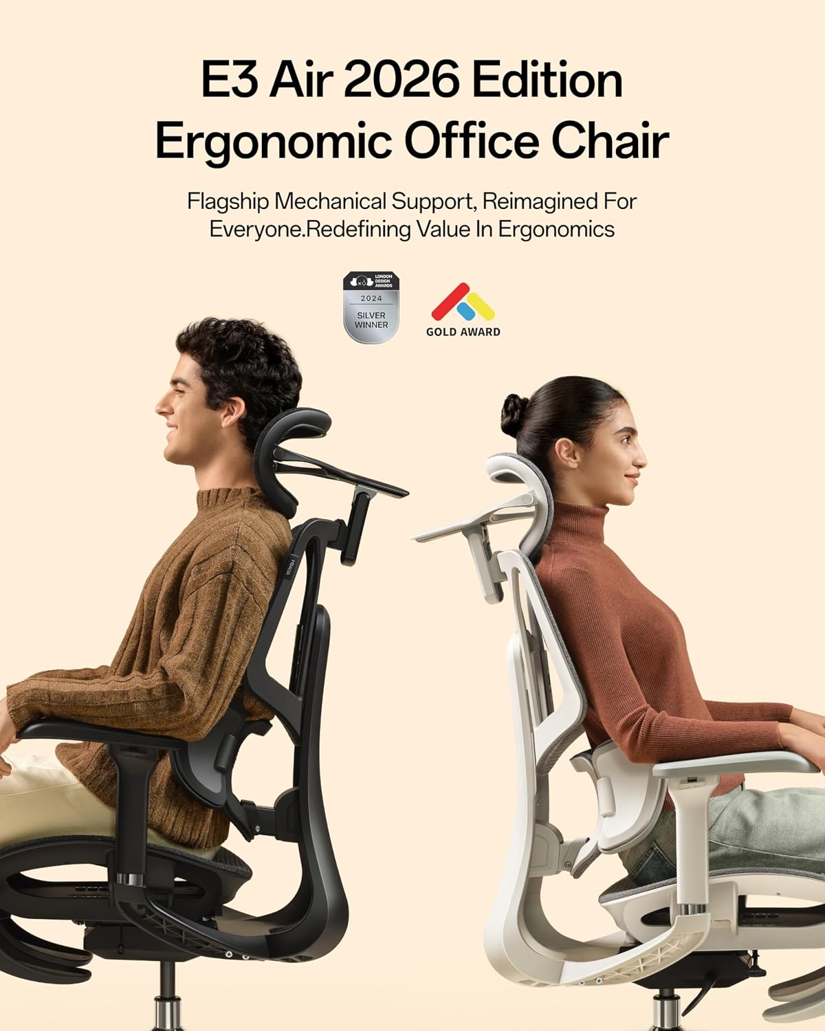 Hbada E3 Air 2026 Ergonomic Office Chair, 3-Zone Lumbar Support, Comfy Home Office Chair with Auto Recline, 4D Headrest & Armrests, 140° Tilt for Work & Relax with Footrest, Black with Footrest