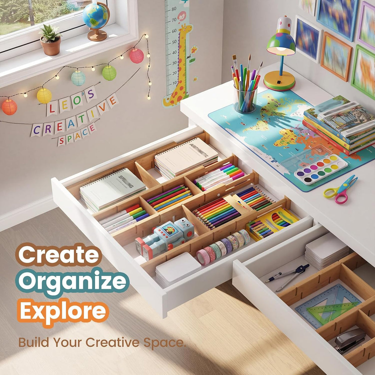 Bamboo Drawer Dividers 8 Pack with Inserts, Kitchen Adjustable Drawer Organizers for Home, Bedroom, Dresser, Expandable Organization 8 Dividers with 16 Inserts