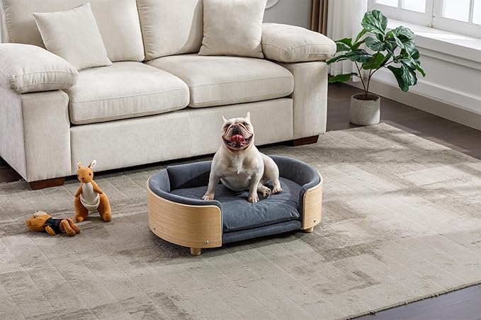 Dog Crate Furniture Elevated Dog Bed with Solid Wood Legs and Bent Wood Back, Mid Size Pet Sofa Kennel Indoor Cage House for Medium Dogs,Darkgrey