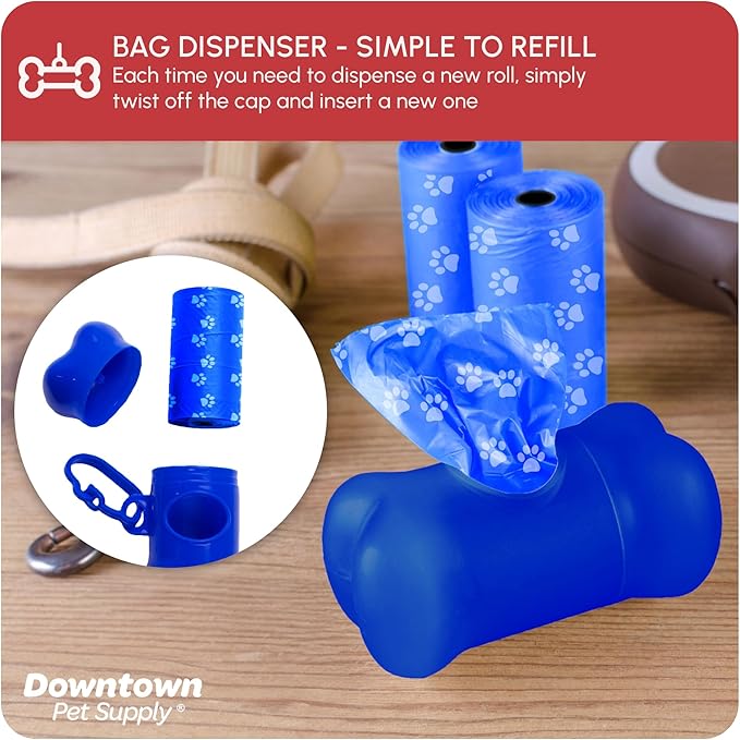 Downtown Pet Supply Poop Bags for Dogs with Dispenser, 500 Count - Leak-Proof Dog Waste Bags and Bone-Shaped Dog Poop Bags Holder for Leash - Rainbow with Paw Prints, 12.5" x 8.5"