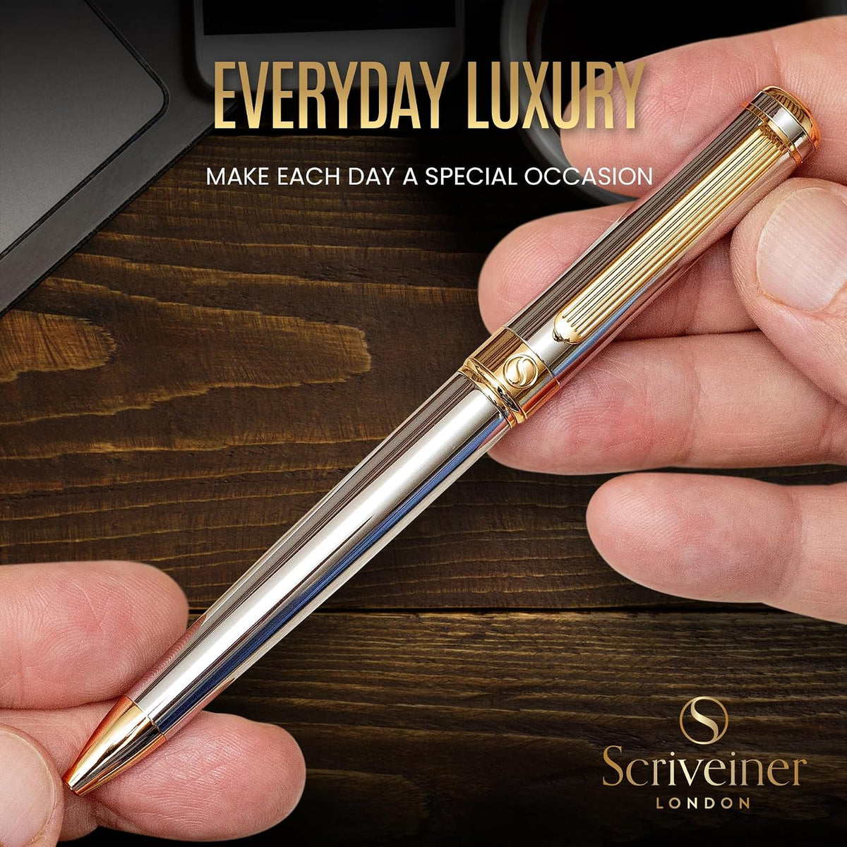Scriveiner Silver Chrome Ballpoint Pen - Stunning Luxury Pen, Real Gold Plating, Schmidt Black Refill, Best Ball Pen Gift Set for Men & Women, Professional, Executive, Office, Nice, Fancy Pens
