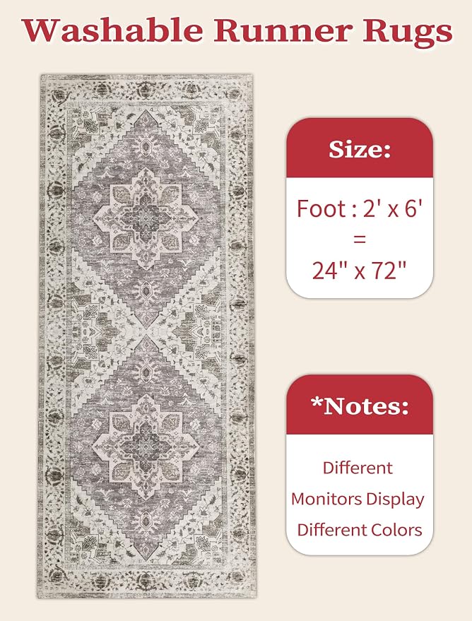 SERISSA Boho Washable Runner Rug, 2x6 Rug Non-Slip Vintage Earth Tone Hallway
