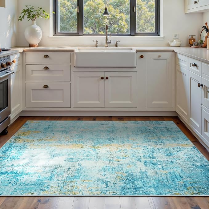 Ompaa Living Room Rug 5x7 Teal Blue Area Rug Machine Washable Boho Rug Non Slip