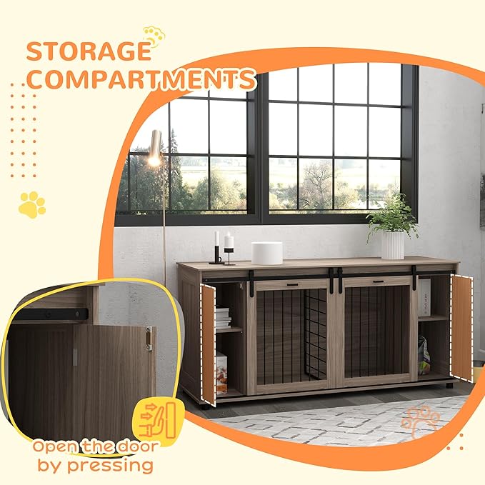 PawHut Dog Crate Furniture with Removable Divider for 2 Small Dogs or 1 Large Dog, 71" Modern Kennel Furniture End Table with Storage, Double Doors, Walnut