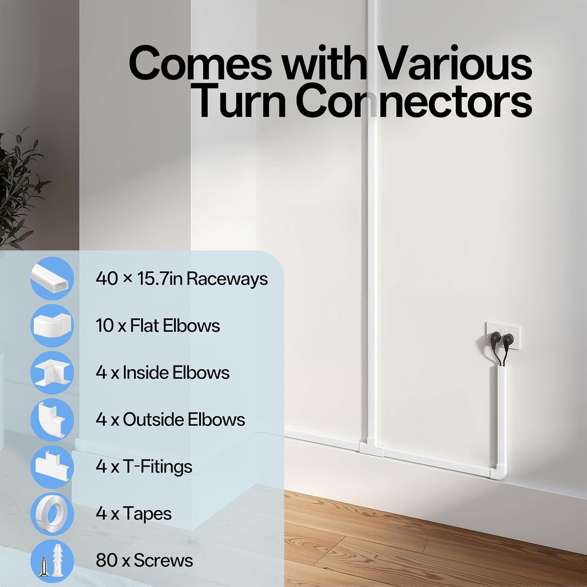 Delamu TV Cord Hider, 630in Cord Covers for 2-3 Wires on Wall, Cable Hider Wire Covers for Cords, Easier Setup Wire Hiders for TV on Wall, Cable Cover Management to Hide Wires, W0.94H0.47in, White