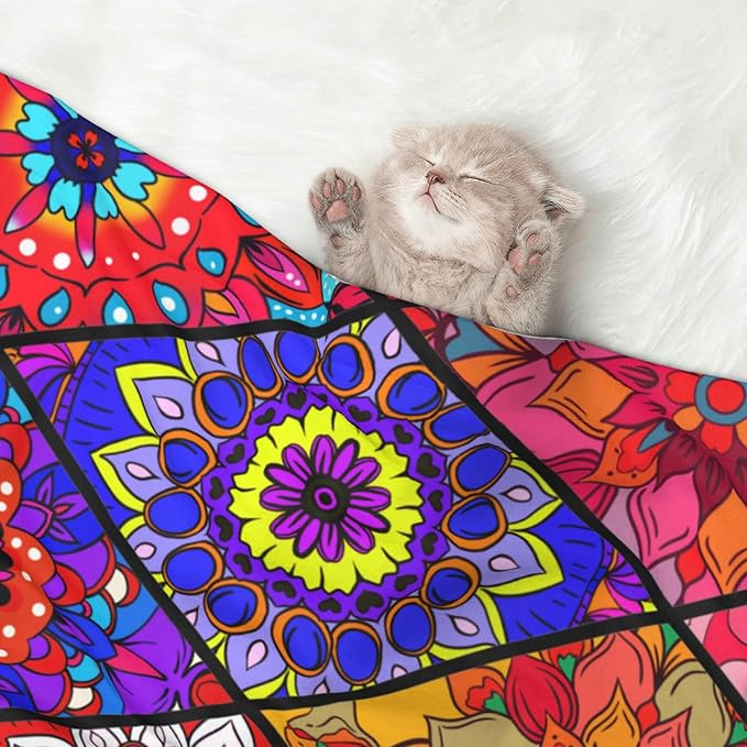 Colorful Boho Throw Blanket - Mexican Flowers Blanket Floral Bohemian Pet Blankets 23x16 for Dog Cat