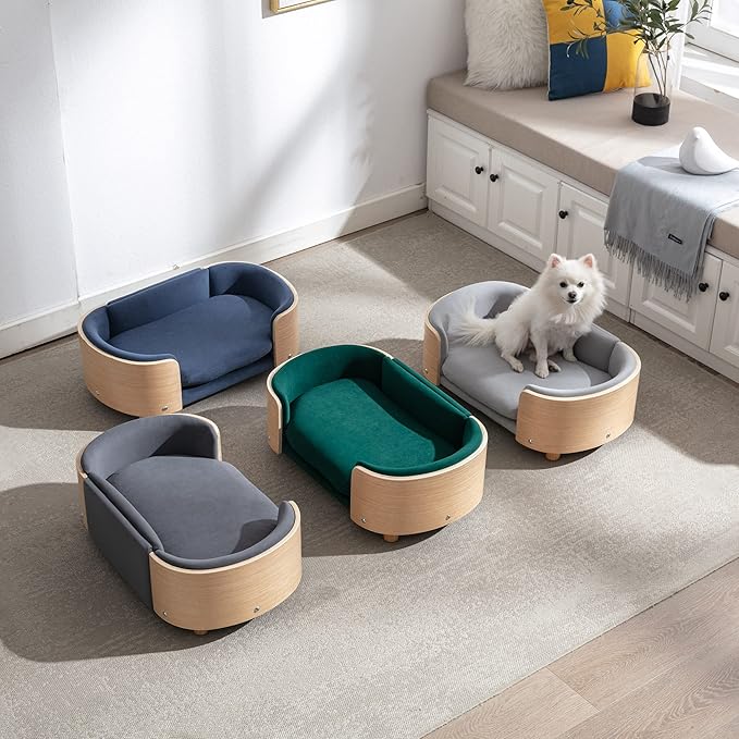 Scandinavian Style Elevated Dog Bed with Solid Wood Frame, Orthopedic Pet Sofa with Removable Washable Cover, Small Size Pet Furniture (Light Gray)