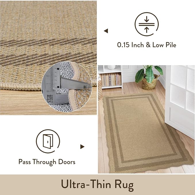 LIVEBOX Scalloped Easy Jute 3x5 Outdoor Rug, Washable Non-Slip Geometric Tan