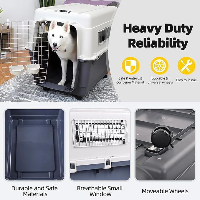 Elevon Plastic Kennels, Plastic Dog Crate, Airline Approved Pet Carrier for Dogs and Cats Longer Traveling, XL