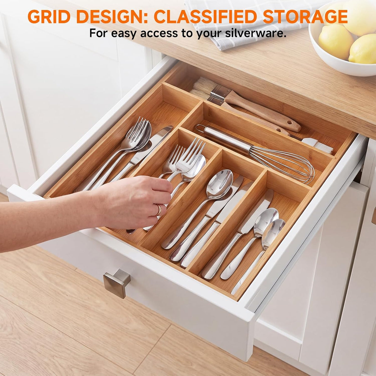 2-Piece Set Bamboo Silverware Drawer Organizer