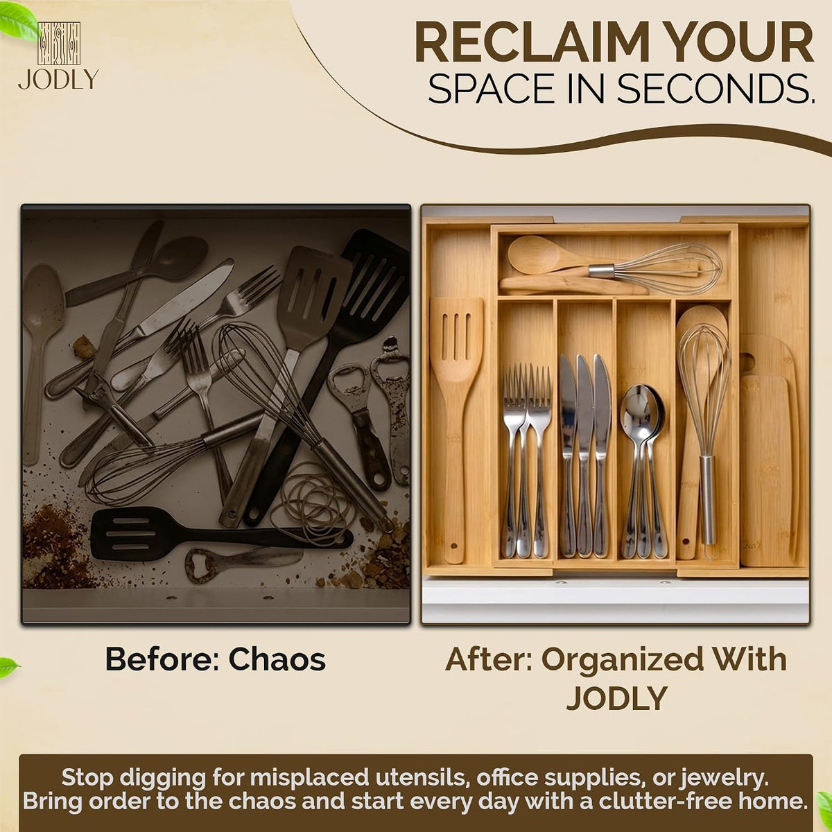Bamboo Kitchen Utensil Drawer Organizer for Silverware | 100% Natural Expandable 14-20 Inch Kitchen Drawer Organizers for Utensils | Non-Slip Base | Screwed Joints for Long-Lasting Durability