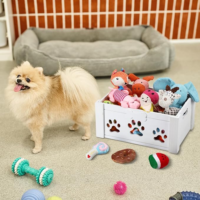 3 Pack Dog Toy Bin Wood Large Dog Toy Basket with Handle and Bone Tags Multi-size Hollow Claw White Wooden Storage Crates for Chew Pets Blankets Food Leash Display Accessories