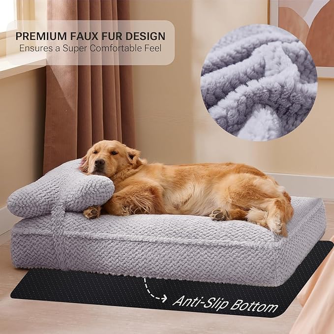 Soft Touch Faux Fur Dog Bed for Medium to Large Sized Dogs 8.5" Extra Thick, Orthopedic Pet Bed with Waterproof Liner and Washable Cover, with Removable Cute Pillow, Grey Color