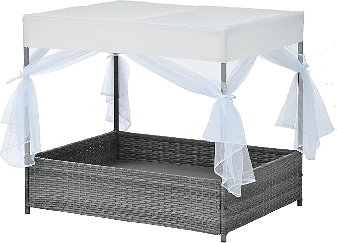 Outdoor Elevated Dog Bed with Curtain Canopy, Durable PE Wicker Pet Bed for Dogs and Cats, Patio Pet Furniture with Washable Cushion, Raised Pet Enclosure for Garden, Backyard & Indoor Use