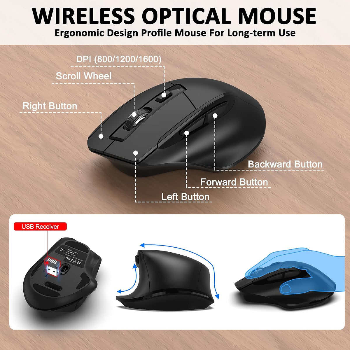 Wireless Keyboard and Mouse Combo, 2.4G Ergonomic Wave Keys(Black)