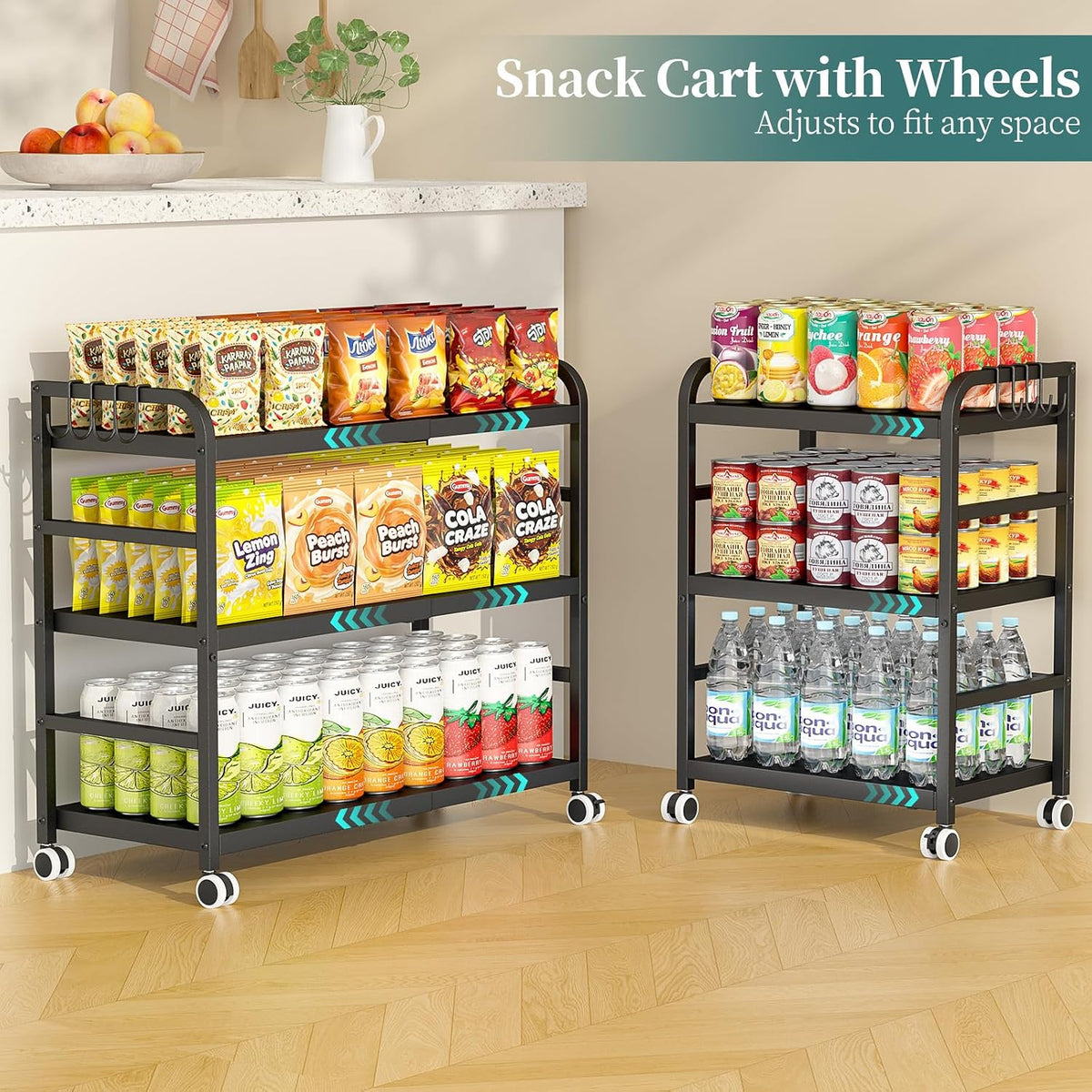 DAOUTIME 3-Tier Expandable Rolling Cart, Pantry Storage Cart with Wheels, Adjustable Rolling Pantry Floor Organizer, Metal Under Desk Cart, Can Storage & Snack Organizer for Kitchen Pantry, Black