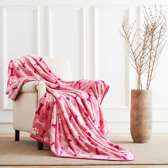 Allisandro Luxurious Dog Blanket, 350 GSM Super Fuzzy Microplush Fleece Pet Blankets for Small Medium Large Dogs and Cats, Pink Paw and Bone, 32" x 24"