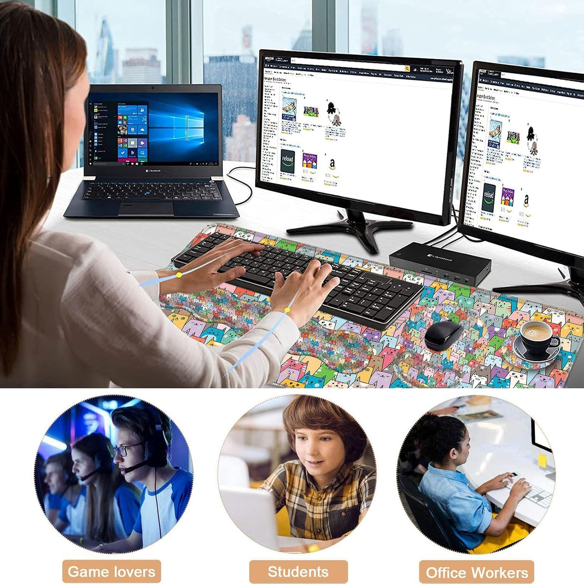 Mouse Pad,Large Pink Desk Mat, 4in1 XXL Mousepad + Keyboard Wrist Rest+Mouse Wrist Rest+Coaster Set with Ergonomic Desk Pad for Home Office Table Computer-Colorful Cats