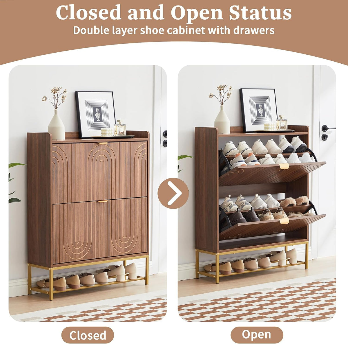 LEVNARY Narrow Shoe Storage Cabinet with 2 Flip Drawers, Wooden Freestanding Hidden Shoes Rack Organizer for Entryway, Mid-Century Modern Shoe Cabinet with Carving Lines for Hallway Foyer (1, Walnut)