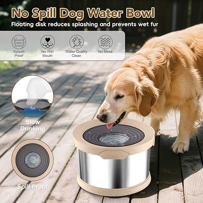 UPSKY Dog Water Bowl No Spill 8L Stainless Steel, 2.1 Gallon Large Capacity Spill-Proof Dog Bowls, Non-Slip Slow Drinking Anti-Splash Bowl for Large Messy Drinkers, No Mess Indoor/Outdoor Use, Beige