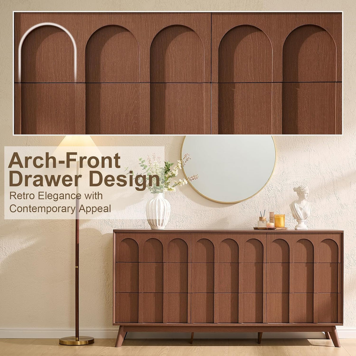 Oak&Sparrow Mid Century Modern Dresser for Bedroom, Walnut 9 Drawer Dresser with Arched Front, 63'' Wide Chest of Drawers Wood Storage Organizer for Living Room
