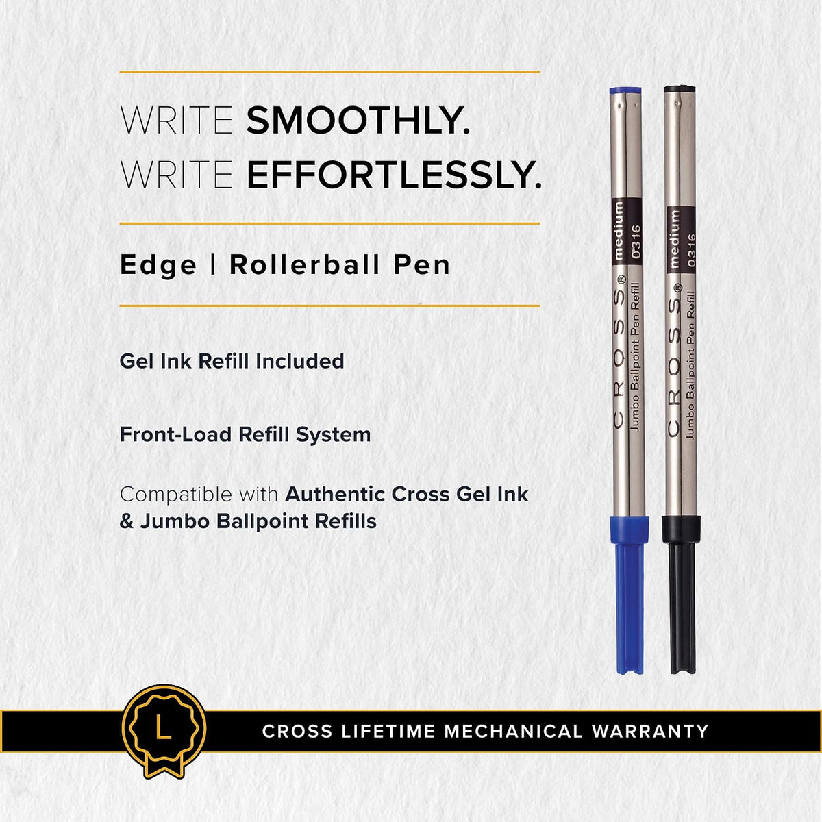 Cross Edge Matte Black Lacquer Gel Rollerball Pen, Medium Point, Black Ink
