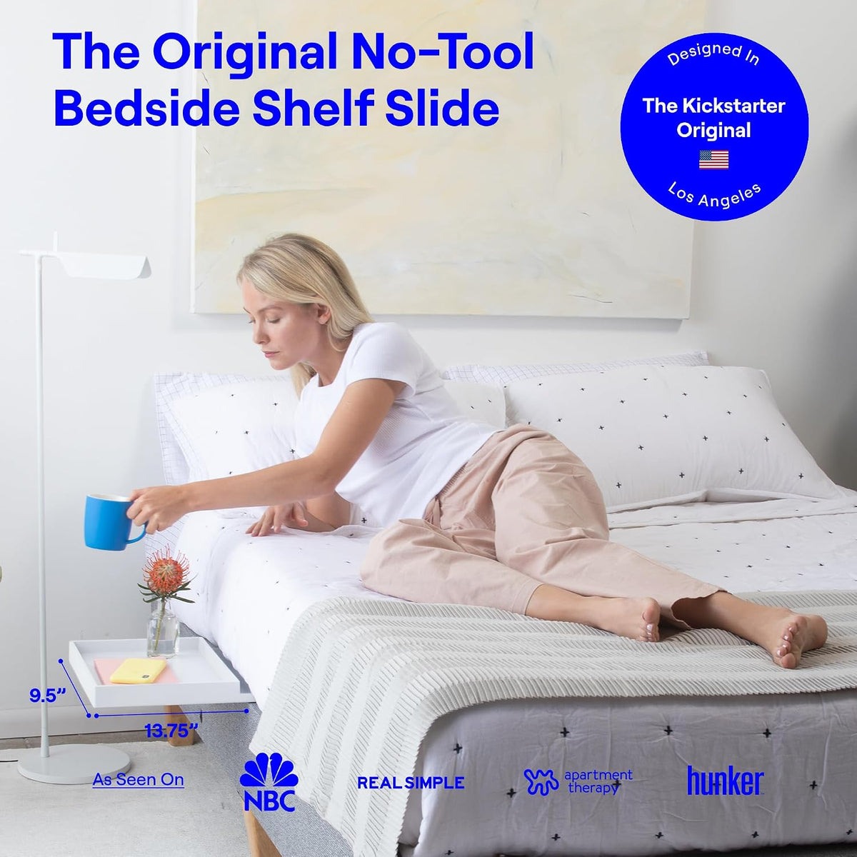 BedShelfie Bedside Shelf for Dorm Room - White Wood Slide