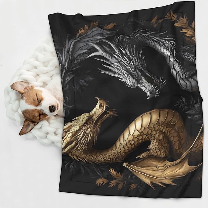 Waterproof Dog Blanket Soft Pet Blanket for Puppy Cat, Fleece Cat Throw Blankets for Furniture Bed Couch Sofa Reversible - Vintage Metal Dragon