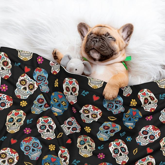 Reversible Plush Throw for Dogs and Cats, Day of The Dead Sugar Skull, Double Sided Blanket with Nubby Dot Side and Sleek Side Ideal for Cuddling Nesting Security