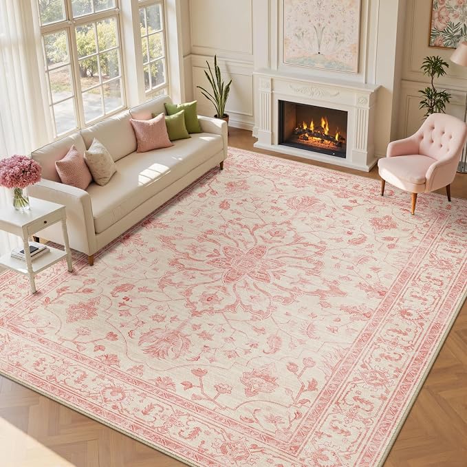 RELEANY Area Rugs Large 9'x12' Washable Non-Slip, Floral Vintage Distress