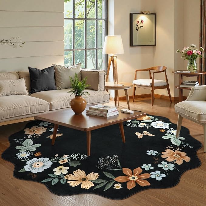 Lahome Floral Washable Round Area Rug, Round Rug 5ft Soft Non-Slip,