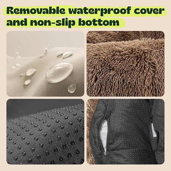 Waterproof Memory Foam Dog Beds for Large Dogs Machine Washable,Round Plush Anxiety Orthopedic Bolster Pet Bed with Removable Cover,Fluffy Donut Calming Sofa to Care Arthritis 42 Inch,Camel