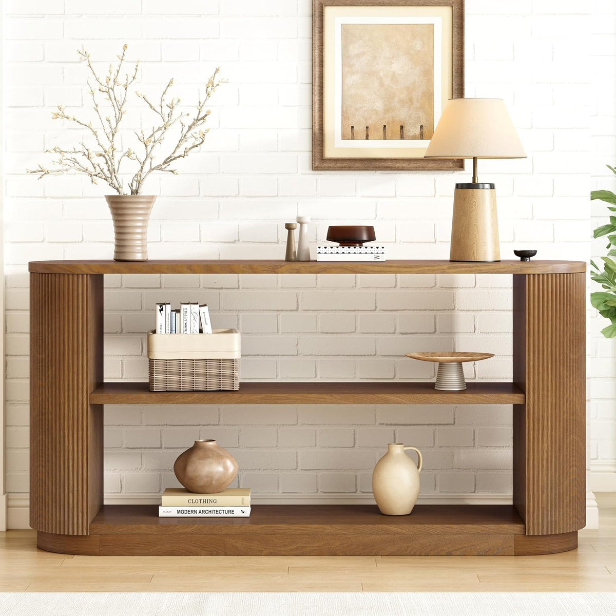 Modern Curved Console Table for Entryway, Farmhouse Solid Wood Fluted Sofa Table with Open Shelf & Elegant Wood Grain, Oval Long Foyer Table for Entry Way Hallway Living Room-58.9" Brown