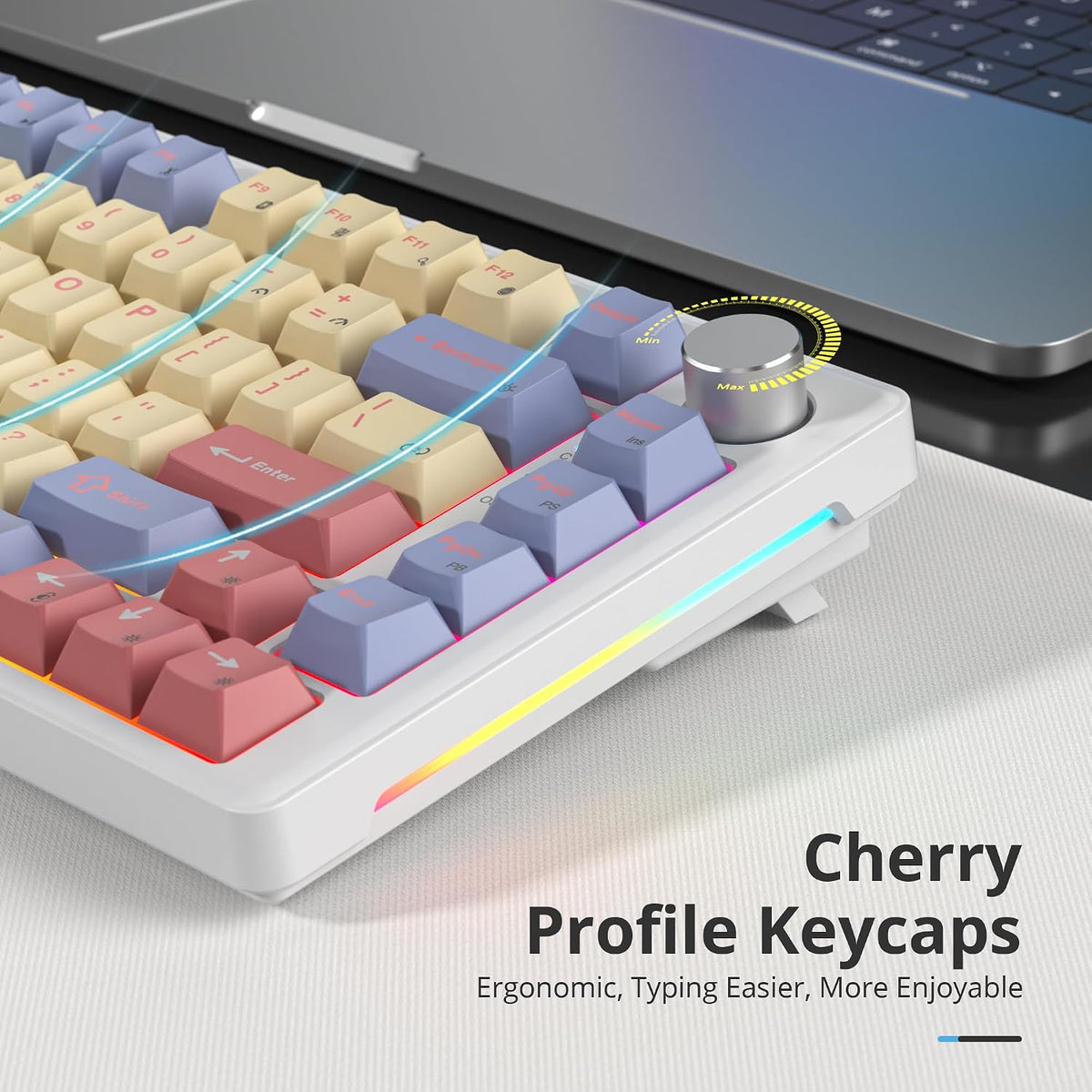 75% Mechanical Keyboard Gasket with Knob, Custom Wired Creamy Gaming Keyboard TKL 75 Percent Hot Swappable RGB Backlit, Pre-lubed Switch for Win/MAC PC Laptop（Cotton Candy/White Switch）