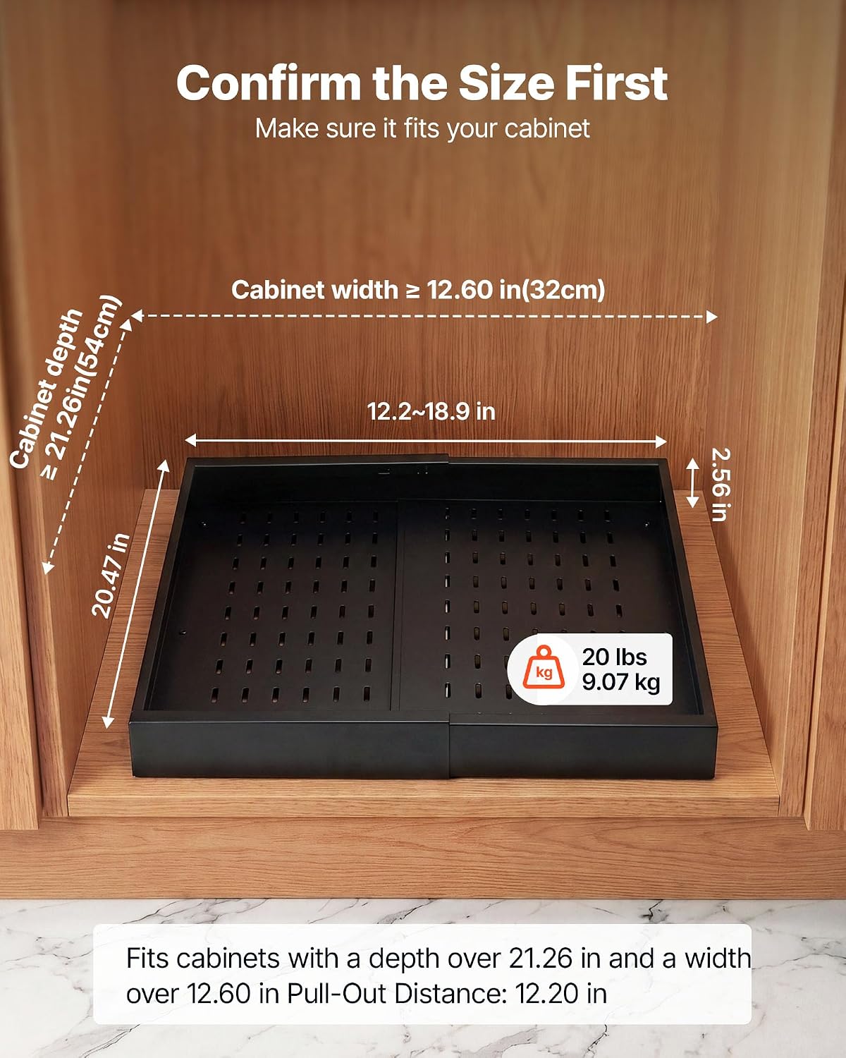 VEVOR Pull Out Cabinet Organizer, 2 Pack Expandable Width (12.2"-18.9"), 20.47" Deep Pull Out Drawers for Cabinets, Sliding Drawer for Kitchen Pantry Cabinet Organizer with Nano Adhesive Strips, Black