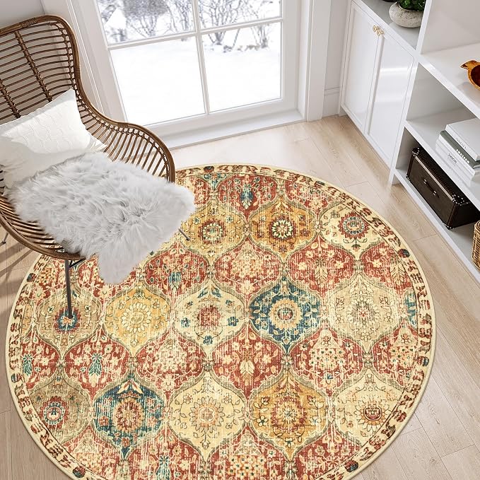 Lahome Moroccan Trellis Washable Round Area Rug, Round Rug 5ft Soft Non-Slip