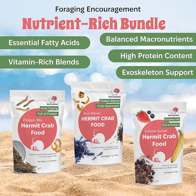 Snout and Shell Hermit Crab Food Variety Pack – Blue Waves, Protein Mix & Summer Sunset – High-Protein Whole Food Diet with Seafood, Seeds, Fruits & Flowers – Natural Foraging Blend for Healthy Crabs