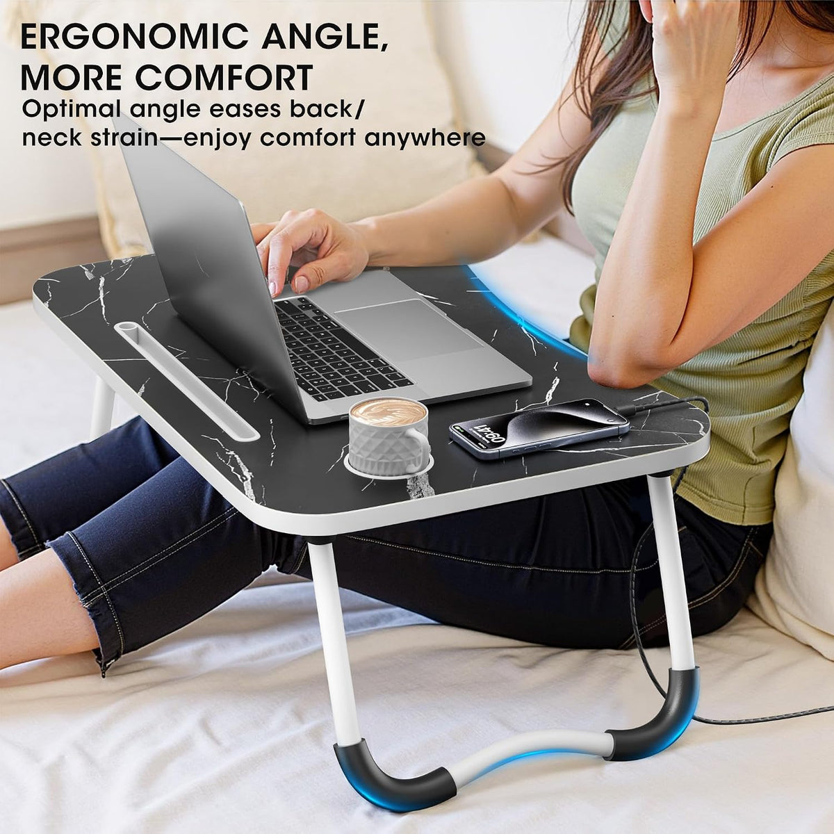 Folding Lap Desk, 23.6 Inch Wood Laptop Bed Desk with Cup Holder, Portable Bed Table for Working Writing Reading & Eating for Bed, Sofa, Couch, Floor - Dark Black