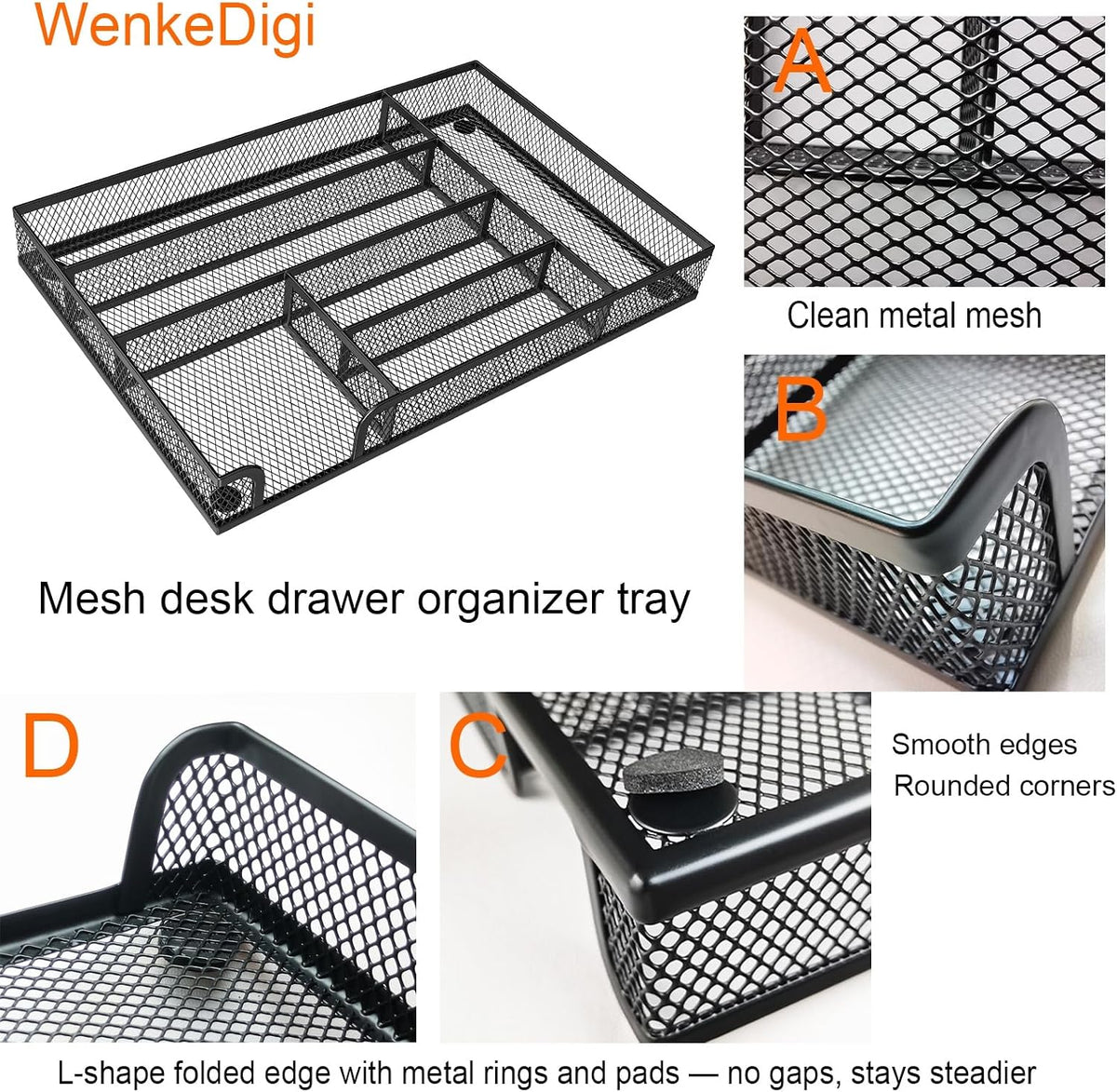 2-Pack 6-Compartment Mesh Office Drawer Organizer Tray, Black