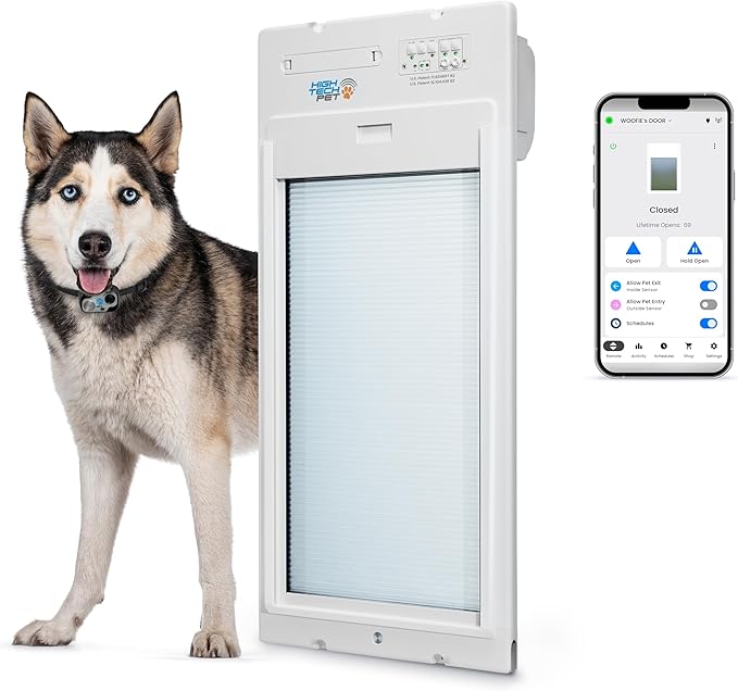 Power Pet Automatic ROLL UP Door by High Tech Pet Brand, Motorized Panel Rolls Up, Pet Collar Operated, Manual & WiFi App Control, Security Lockout Panel, 24/7 Exit & Entry Timers (Large, Door Mount)