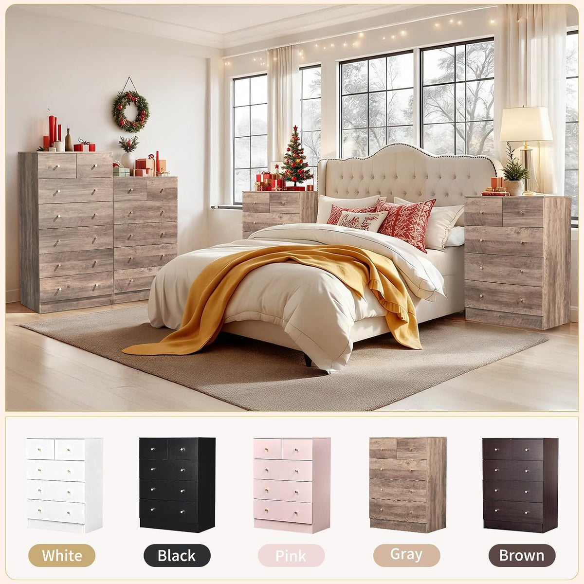 Karl home Grey 5 Drawer Dresser, Wood Chest with Rose Gold Handle