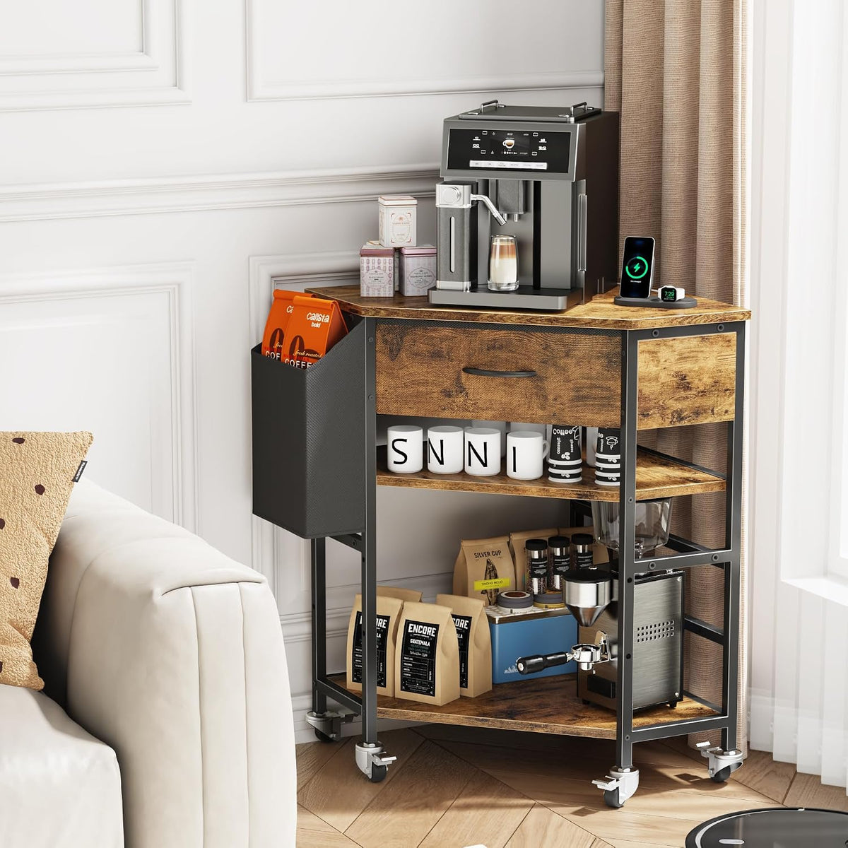 YAOHUOO Corner Printer Stand, Corner Table with Power Outlet/Fabric Drawer