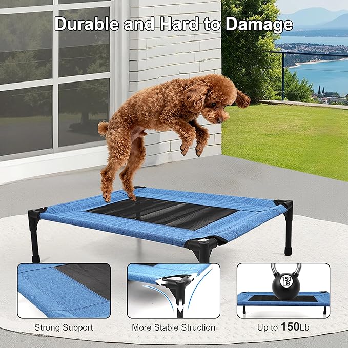 Raised Dog Bed Cooling Cot for Indoor Outdoor Use Portable Waterproof Mesh Pet Bed Washable for Large Medium Small Dogs, Blue