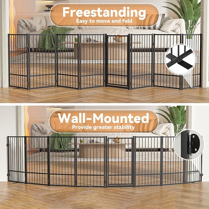 Full Metal Freestanding Dog Gate with Door, 36''Height Foldable Pet Dog Fence for Indoor & Outdoor, 8 Panels Extra Wide Free Standing TallDog Gates for Doorways,House,Stairs,Porch,Deck,Yard